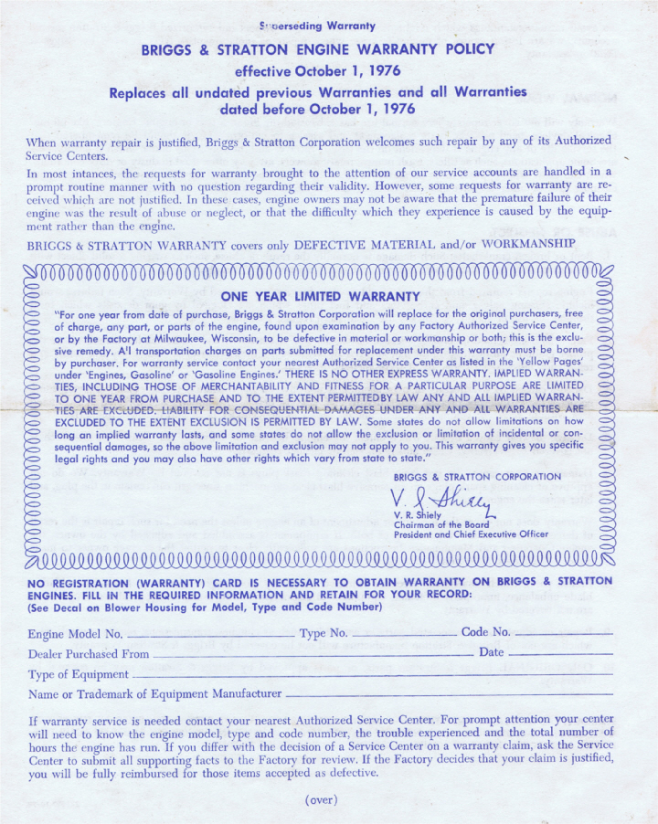 Briggs and Stratton Engine Warranty 1976 UK Image 1 Vintage