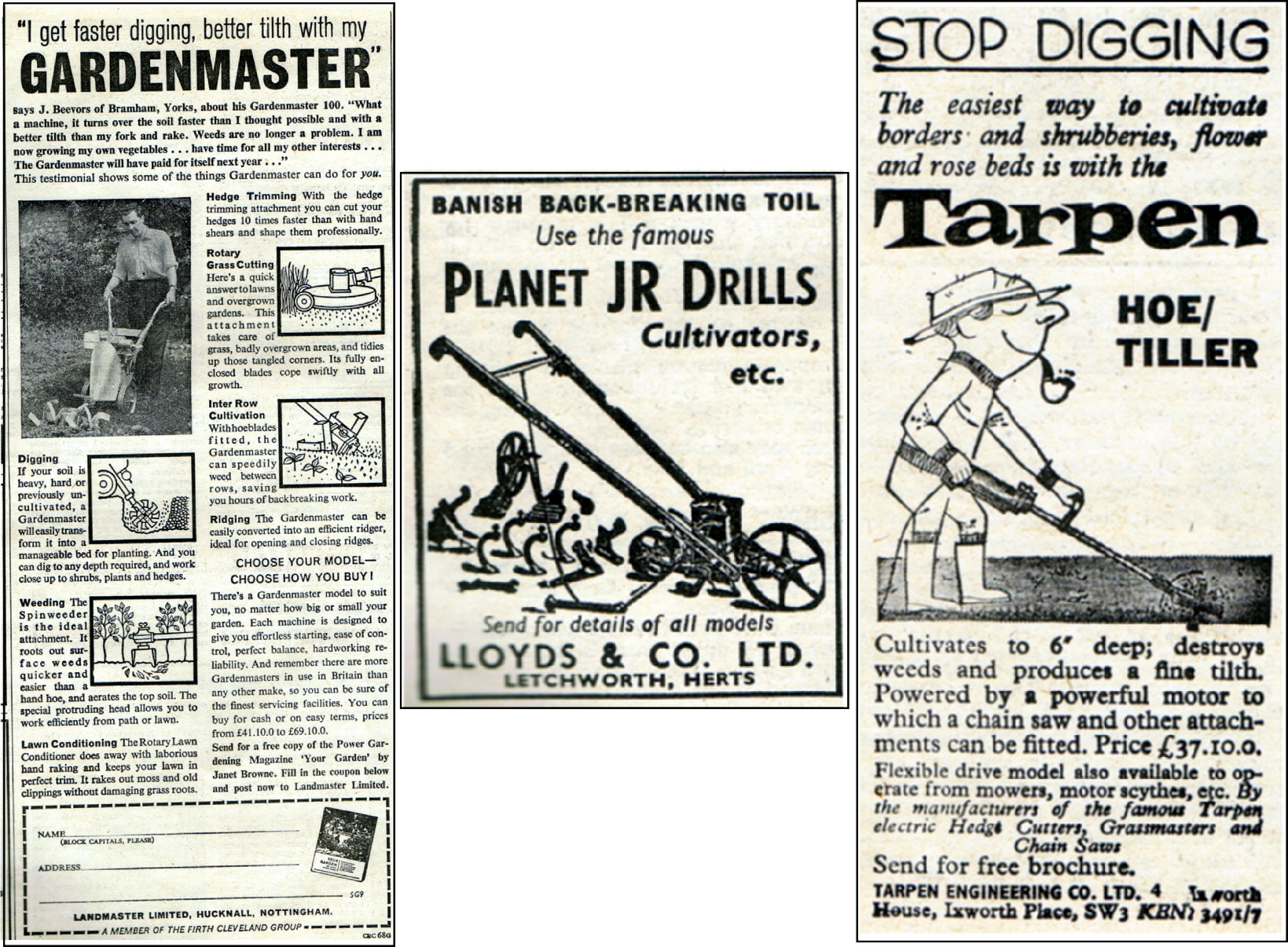 Gardenmaster Limited, Planet JR Drills and Tarpen Hoe in 1964