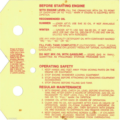 Briggs & Stratton Engine Maintenance Card - Side 2 